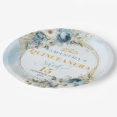 Elegant Dusty Blue Floral Gold Quinceañera Plates ペーパープレート (アングル)