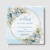 Elegant Dusty Blue Floral Gold Wedding Guest Book ゲストブック (正面)
