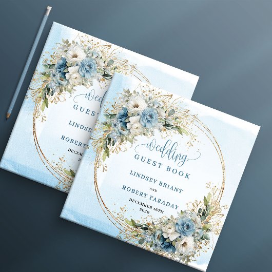 Elegant Dusty Blue Floral Gold Wedding Guest Book ゲストブック