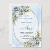Elegant Dusty Blue Floral Gold Wedding Invitation 招待状 (正面)