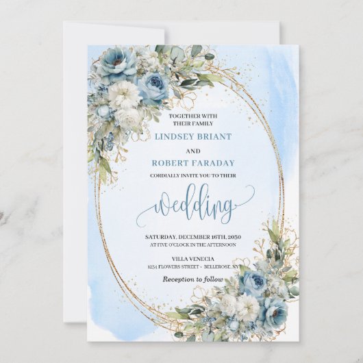 Elegant Dusty Blue Floral Gold Wedding Invitation 招待状 (正面)