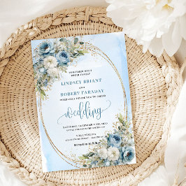 Elegant Dusty Blue Floral Gold Wedding Invitation 招待状