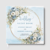 Elegant Dusty Blue Floral Gold Wedding Sign In ゲストブック (正面)