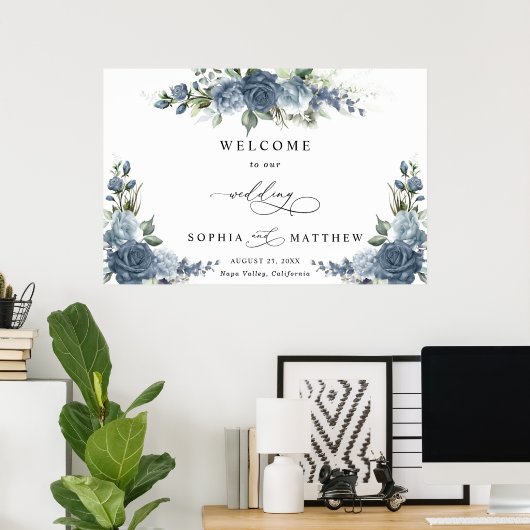 Elegant Dusty Blue Floral Horizontal Wedding ポスター (ホームオフィス)