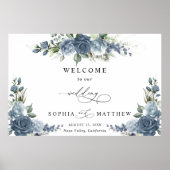 Elegant Dusty Blue Floral Horizontal Wedding ポスター (正面)