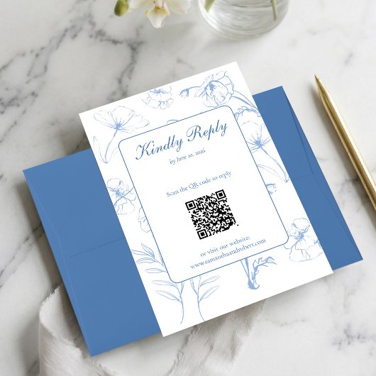 Elegant Dusty Blue Floral Line Art QR Code Wedding 出欠カード