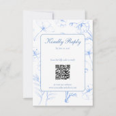 Elegant Dusty Blue Floral Line Art QR Code Wedding 出欠カード (正面)