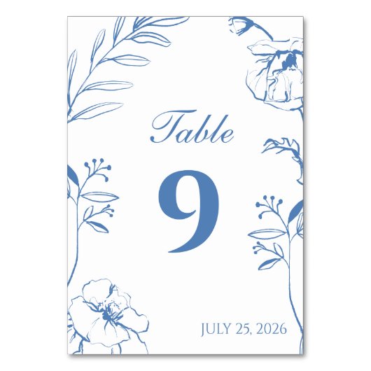 Elegant Dusty Blue Floral Line Art Wedding テーブルナンバー (正面)