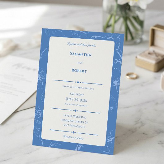Elegant Dusty Blue Floral Line Art Wedding 招待状