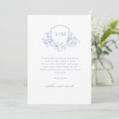 Elegant Dusty Blue Floral Monogram Crest Wedding サンキューカード (スタンド正面)