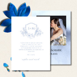Elegant Dusty Blue Floral Monogram Crest Wedding サンキューカード