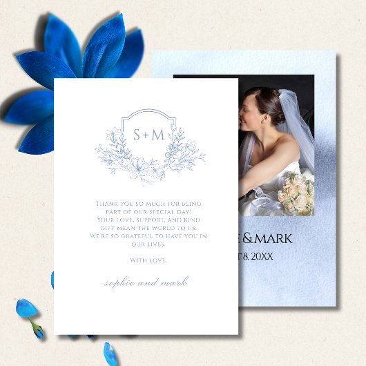 Elegant Dusty Blue Floral Monogram Crest Wedding サンキューカード
