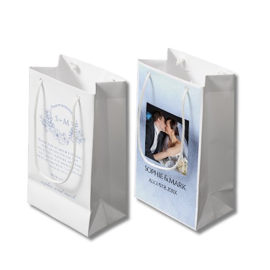 Elegant Dusty Blue Floral Monogram Crest Wedding スモールペーパーバッグ