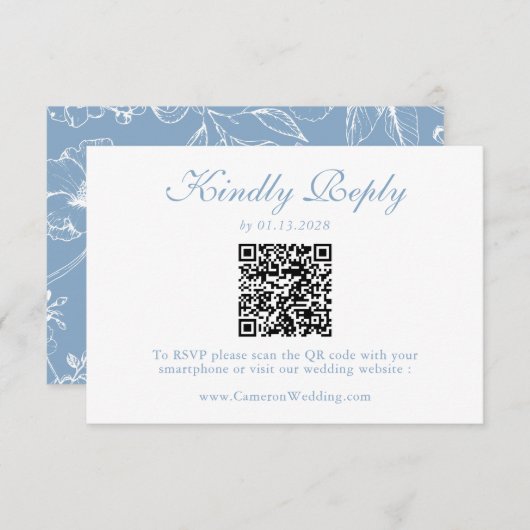 Elegant Dusty Blue Floral QR Code Wedding RSVP (正面/裏面)