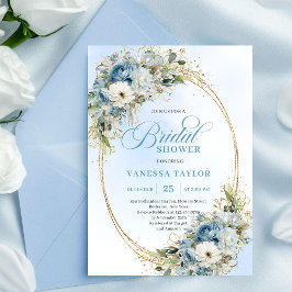 Elegant Dusty Blue Floral Script Bridal Shower   招待状