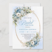 Elegant Dusty Blue Floral Script Bridal Shower   招待状 (正面)