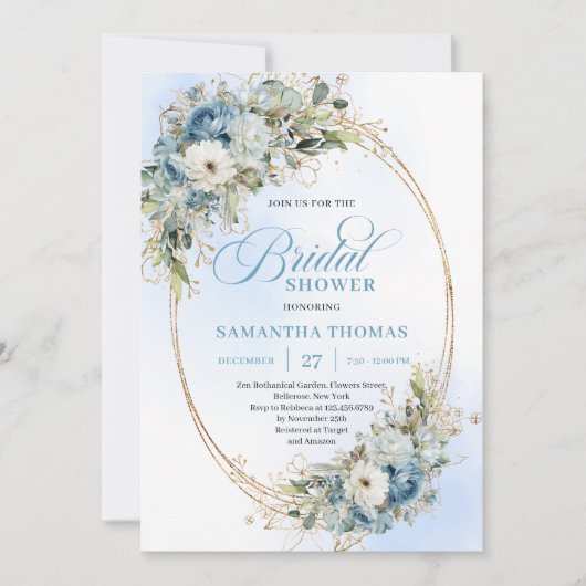 Elegant Dusty Blue Floral Script Bridal Shower   招待状 (正面)
