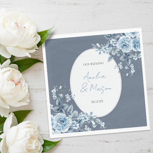 Elegant Dusty Blue Floral Script Wedding  スタンダードランチョンナプキン