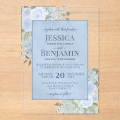 Elegant Dusty Blue Floral Stylish Text Wedding アクリル招待状 (正面)