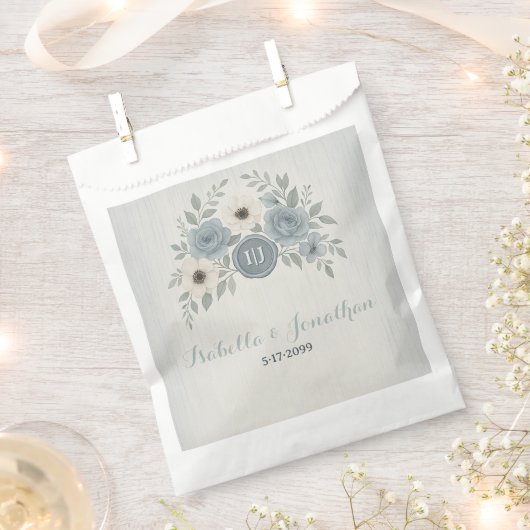Elegant Dusty Blue Floral Wax Seal Wedding フェイバーバッグ (クリップ留めされた状態)