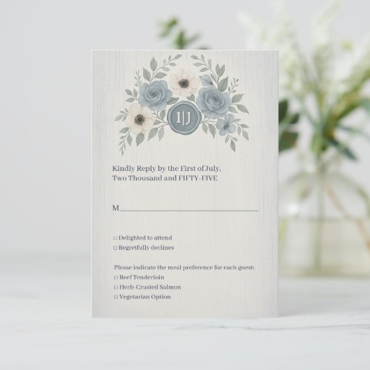 Elegant Dusty Blue Floral Wax Seal Wedding 出欠カード (スタンド正面)