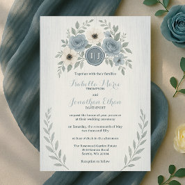 Elegant Dusty Blue Floral Wax Seal Wedding 招待状