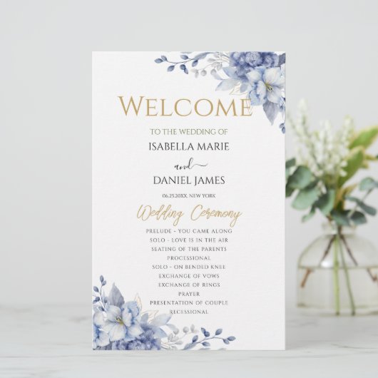 Elegant Dusty Blue Floral Wedding Ceremony Program (スタンド正面)