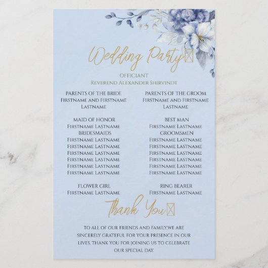 Elegant Dusty Blue Floral Wedding Ceremony Program (裏面)