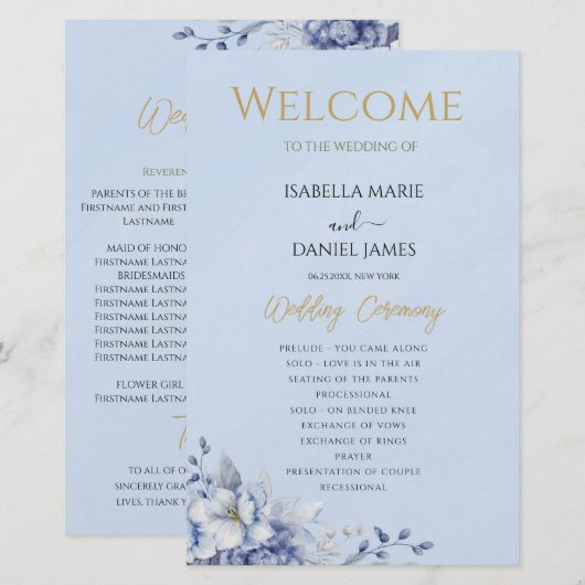 Elegant Dusty Blue Floral Wedding Ceremony Program (正面/裏面)
