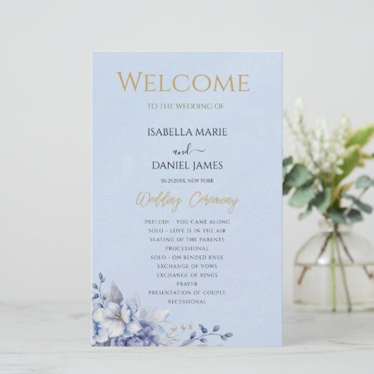 Elegant Dusty Blue Floral Wedding Ceremony Program (スタンド正面)
