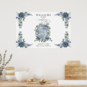 Elegant Dusty Blue Floral Wedding Crest ポスター (キッチン)