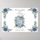Elegant Dusty Blue Floral Wedding Crest ポスター (正面)