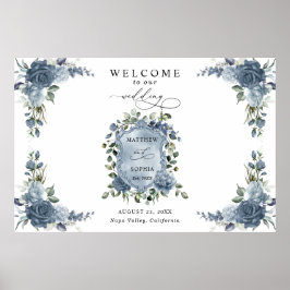 Elegant Dusty Blue Floral Wedding Crest ポスター