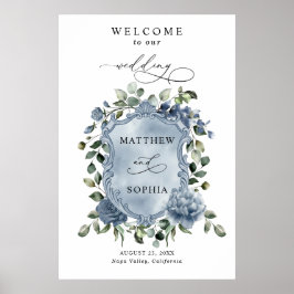 Elegant Dusty Blue Floral Wedding Crest Poster ポスター