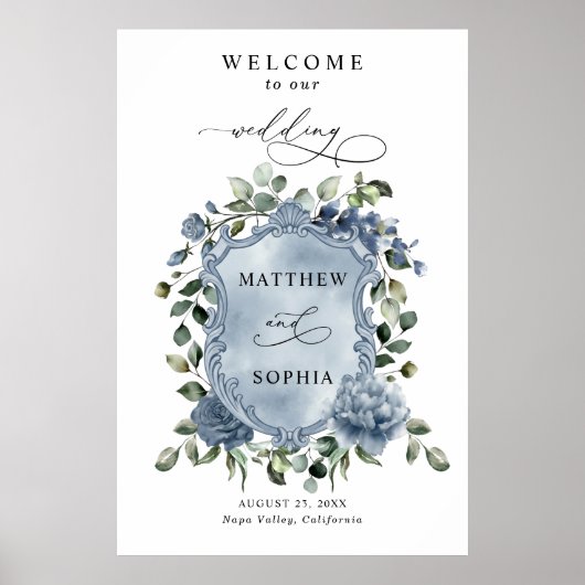 Elegant Dusty Blue Floral Wedding Crest Poster ポスター (正面)