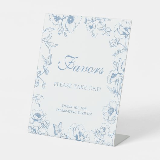 Elegant Dusty Blue Floral Wedding Favors 台座サイン (正面)