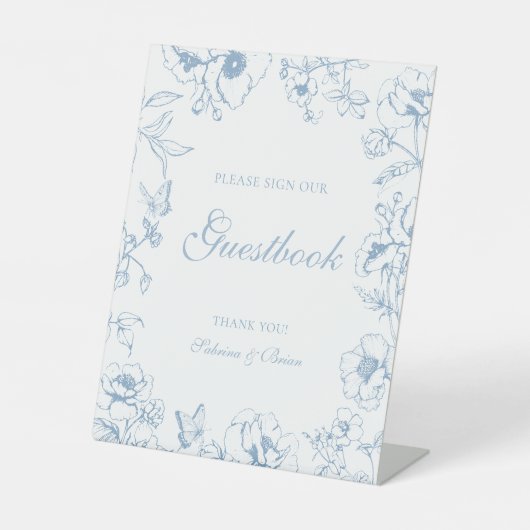 Elegant Dusty Blue Floral Wedding Guestbook 台座サイン (正面)