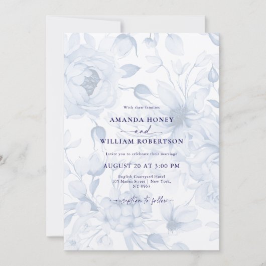 Elegant Dusty Blue Floral Wedding Invitation 招待状 (正面)