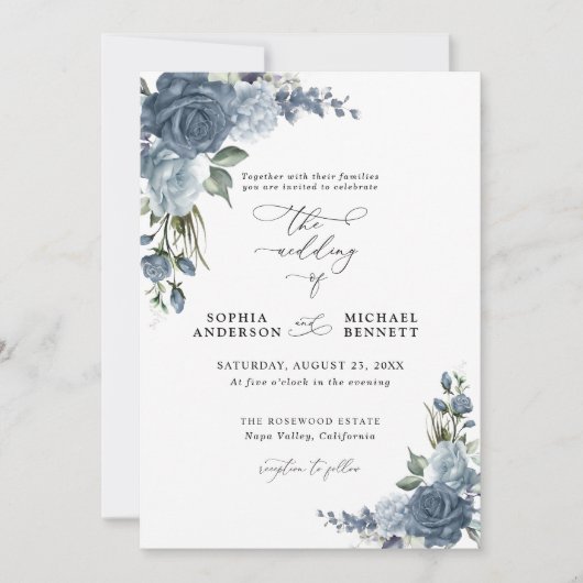 Elegant Dusty Blue Floral Wedding Invitation 招待状 (正面)