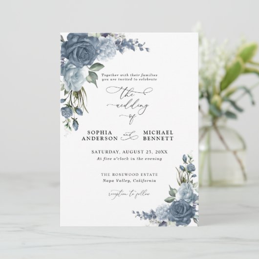 Elegant Dusty Blue Floral Wedding Invitation 招待状 (スタンド正面)