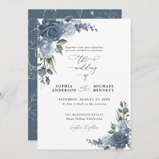 Elegant Dusty Blue Floral Wedding Invitation 招待状 (正面/裏面)