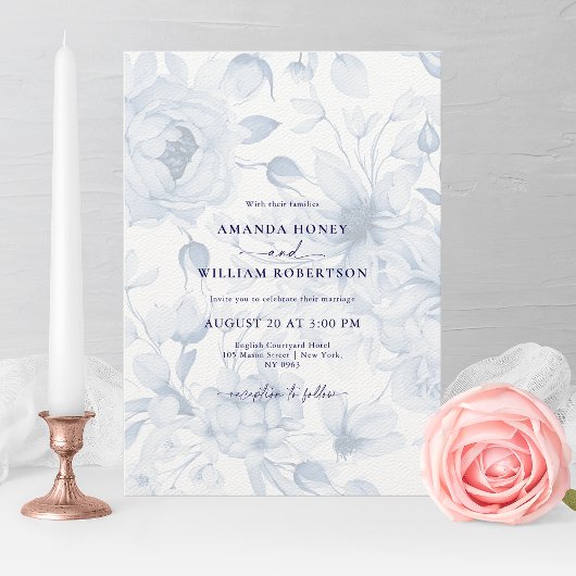 Elegant Dusty Blue Floral Wedding Invitation 招待状