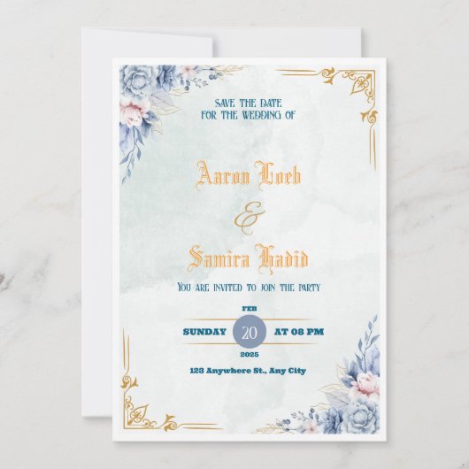 Elegant Dusty Blue Floral Wedding Invitation 招待状 (正面)