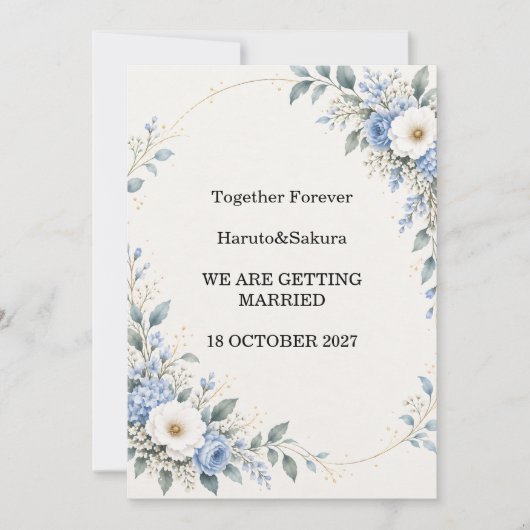 Elegant Dusty Blue Floral Wedding Invitation | Wat 招待状 (正面)
