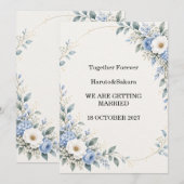 Elegant Dusty Blue Floral Wedding Invitation | Wat 招待状 (正面/裏面)