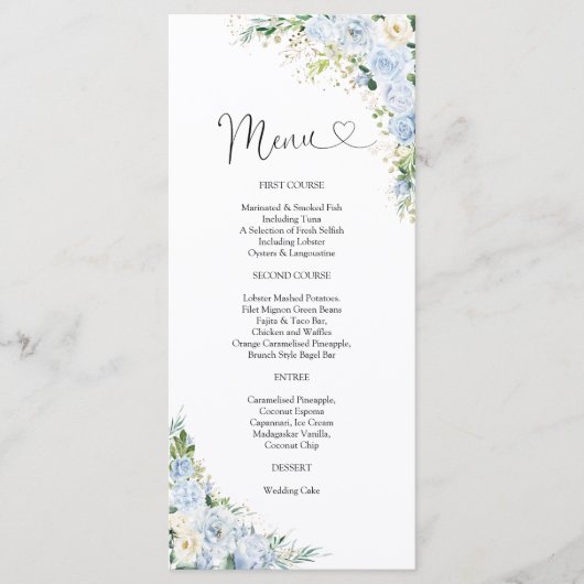 Elegant Dusty Blue Floral Wedding Menu メニュー (正面)