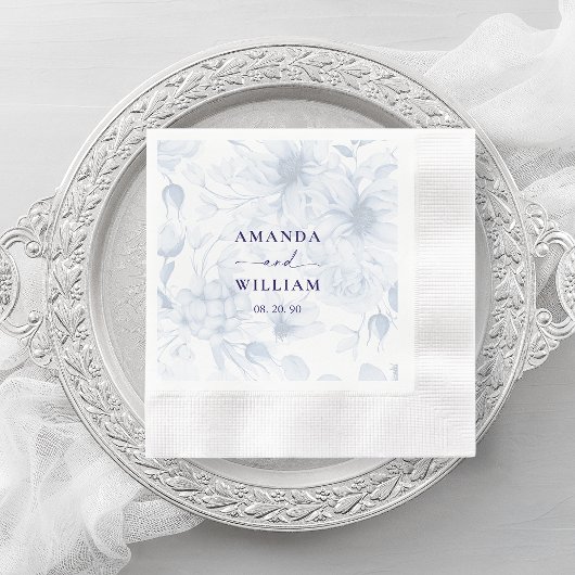 Elegant Dusty Blue Floral Wedding Napkin 縁ありカクテルナプキン