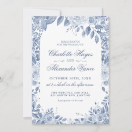 Elegant Dusty Blue Floral Wedding Photo Invitation 招待状