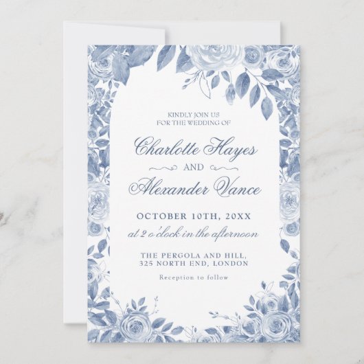 Elegant Dusty Blue Floral Wedding Photo Invitation 招待状 (正面)