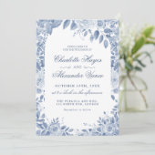 Elegant Dusty Blue Floral Wedding Photo Invitation 招待状 (スタンド正面)